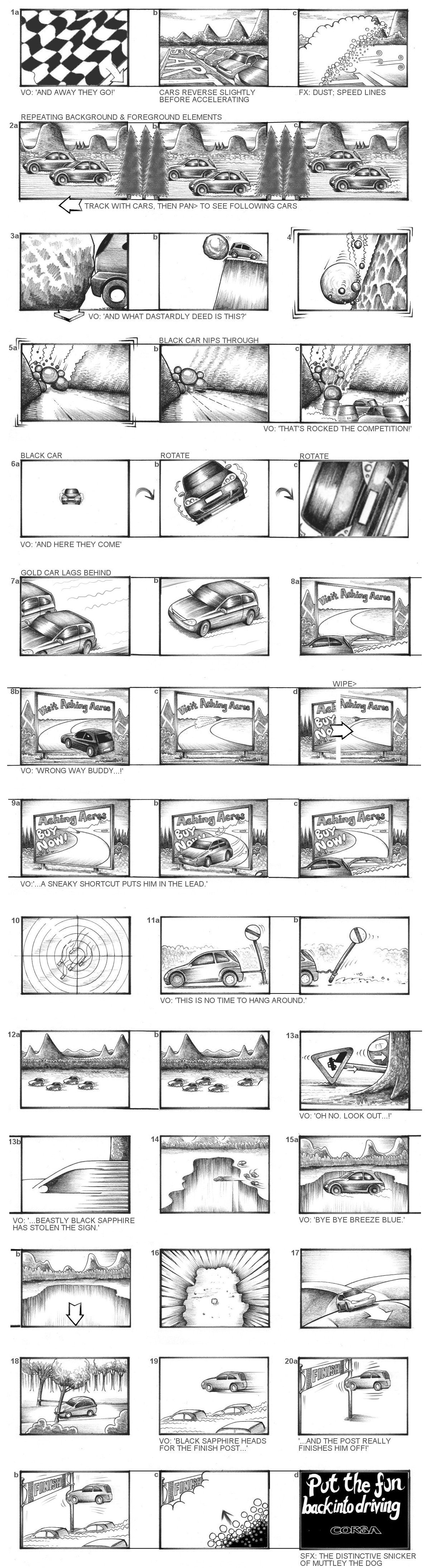 VAUXHALL CORSA 'WACKY RACES' STORYBOARDS BY ANDY SPARROW